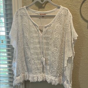 White Boho Fringe Detail Boxy Tie Front Tunic